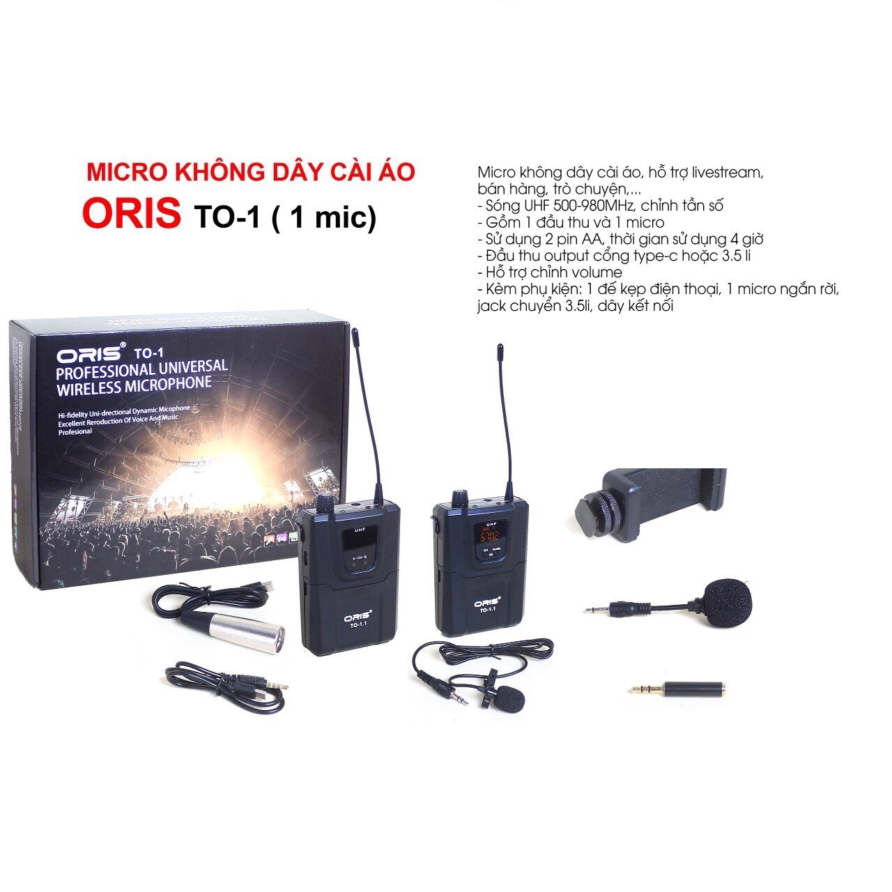 Micro không dây cài áo oris TO-1 ( 1 mic) hỗ trợ livestream, bán hàng, lọc tạp âm tốt, âm thanh trung thực